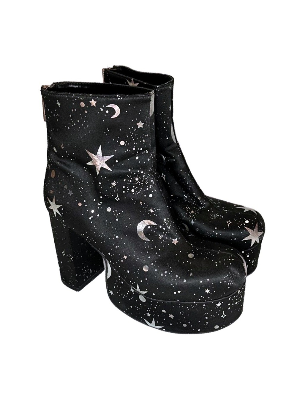 Dolls Kill Current Mood Black Platform Ankle Boots w/ Silver Stars and Moons 7 - Picture 2 of 6